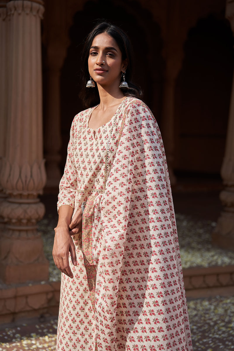 Cream Printed Cotton Suit Set (With Pants and Dupatta)