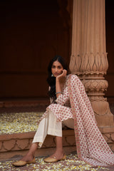 Cream Printed Cotton Suit Set (With Pants and Dupatta)