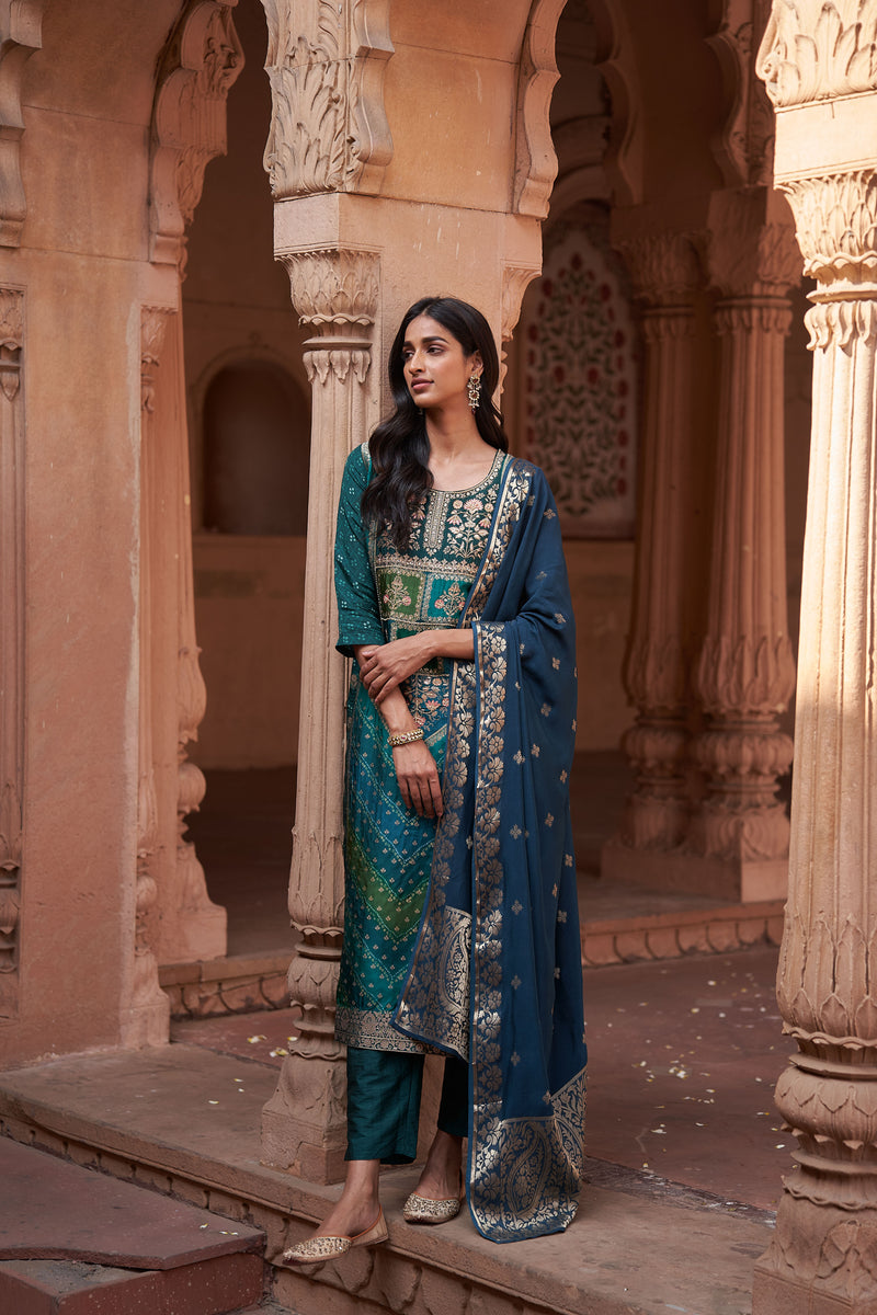 Blue Dola Jacquard Suit Set (with Pants and Dupatta)