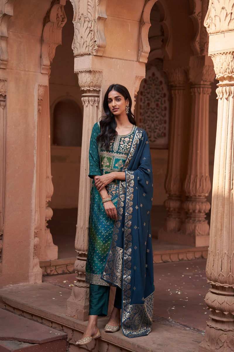 Blue Dola Jacquard Suit Set (with Pants and Dupatta)