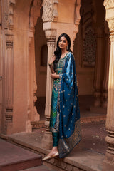 Blue Dola Jacquard Suit Set (with Pants and Dupatta)