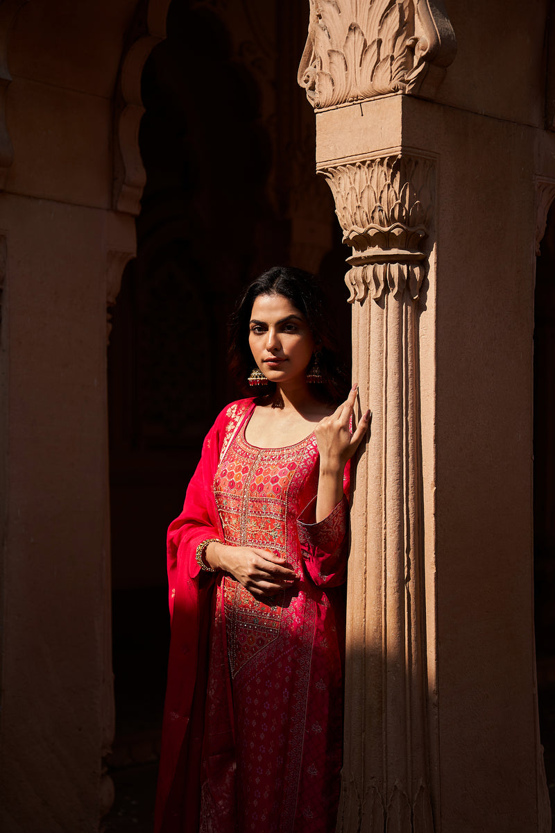 Pink Dola Jacquard Suit Set (with Pants and Dupatta)