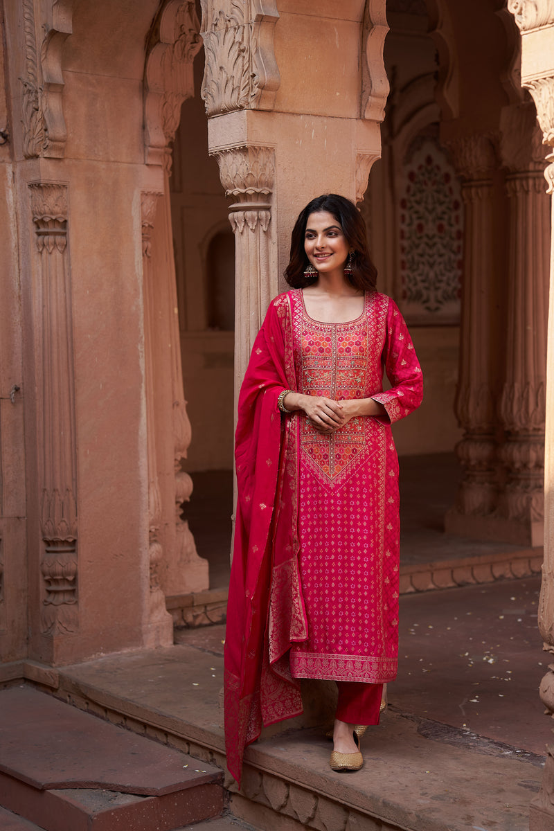 Pink Dola Jacquard Suit Set (with Pants and Dupatta)