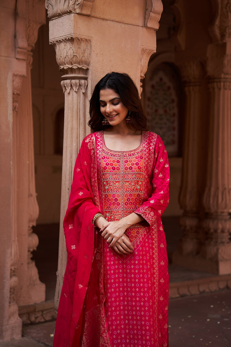 Pink Dola Jacquard Suit Set (with Pants and Dupatta)