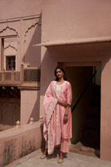 Carnation Pink Chanderi Thread Work Suit Set (With Pants and Dupatta)