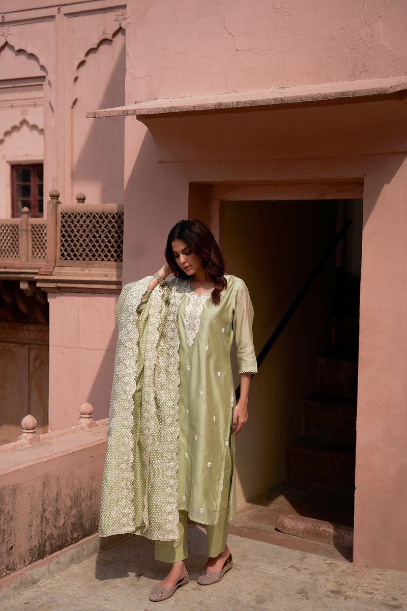 Pista Green Chanderi Thread Work Suit Set (With Pants and Dupatta)