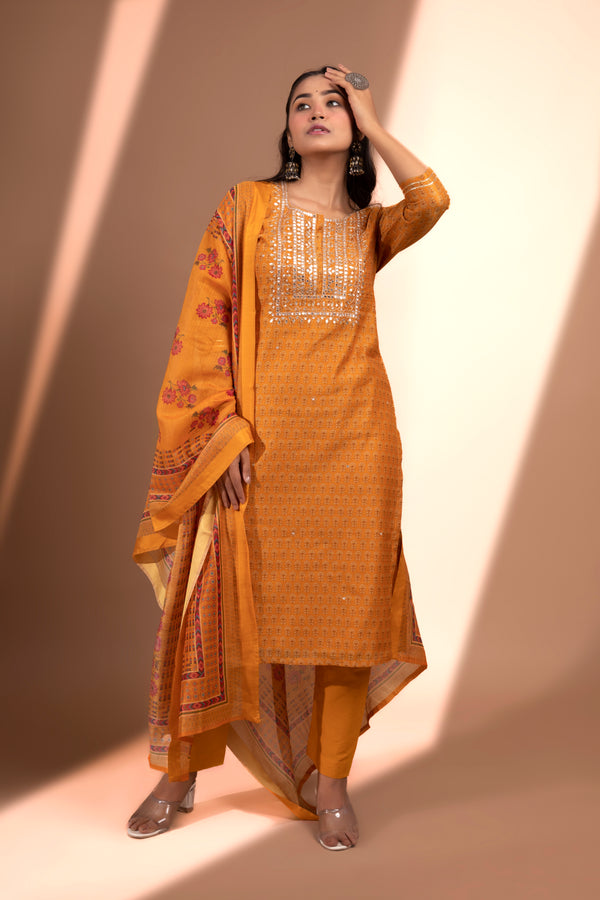 Mustard  Straight fit Chanderi Kurta set (with Pant and Dupatta)